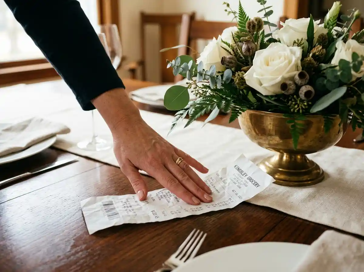 A woman's hand placing a grocery receipt flat on a decorated dining table