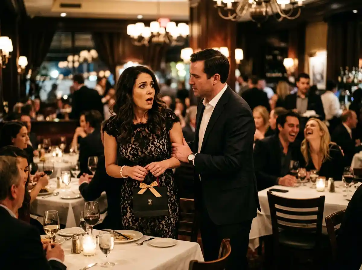 A woman stands up in a restaurant holding a gift bag, looking shocked while a man stops her