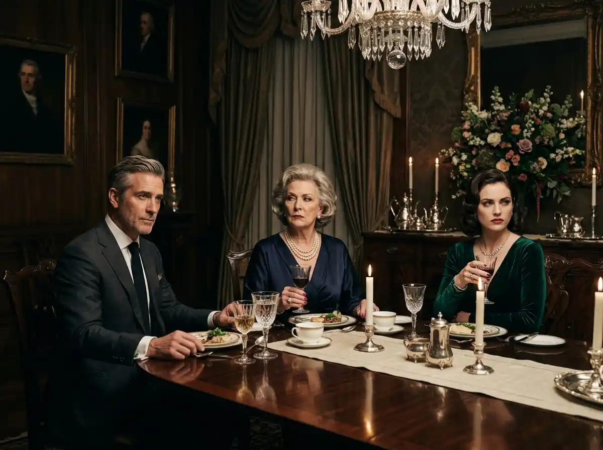 The Rivas family looking with disdain at Lucia during a formal dinner