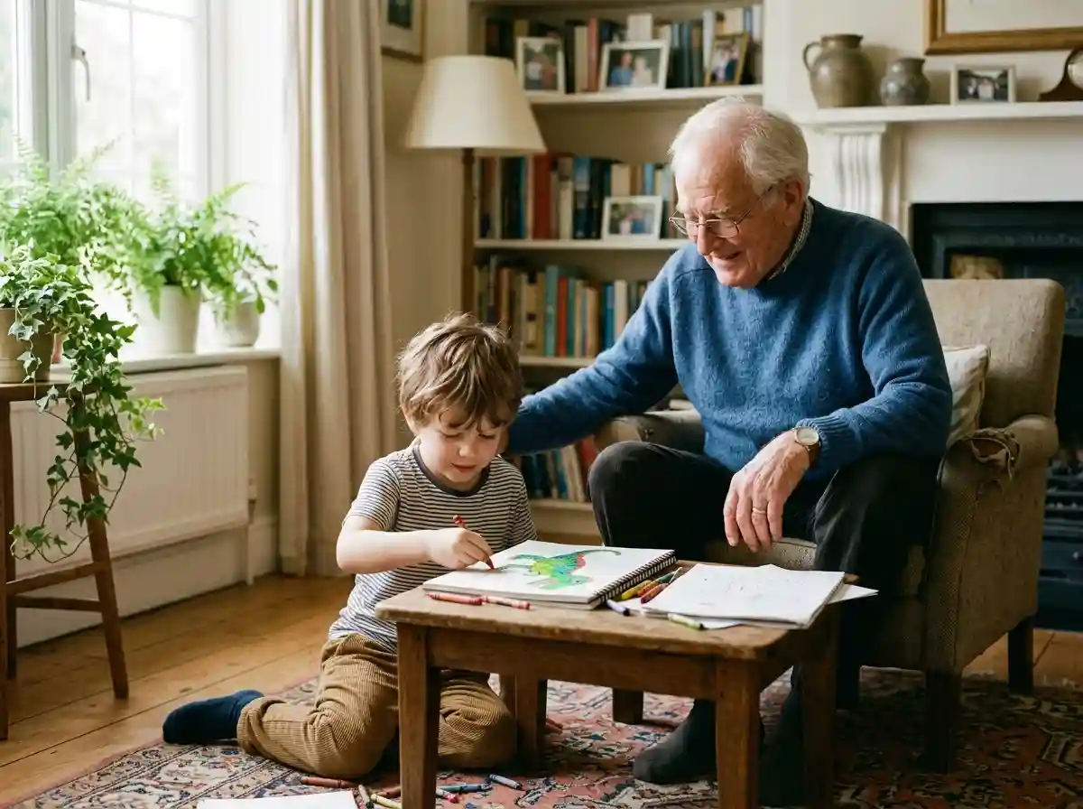 Elderly man and a boy drawing together in a sunlit room