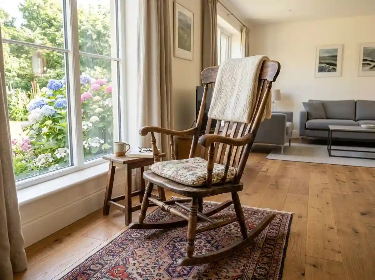 Wooden rocking chair in a sunlit room