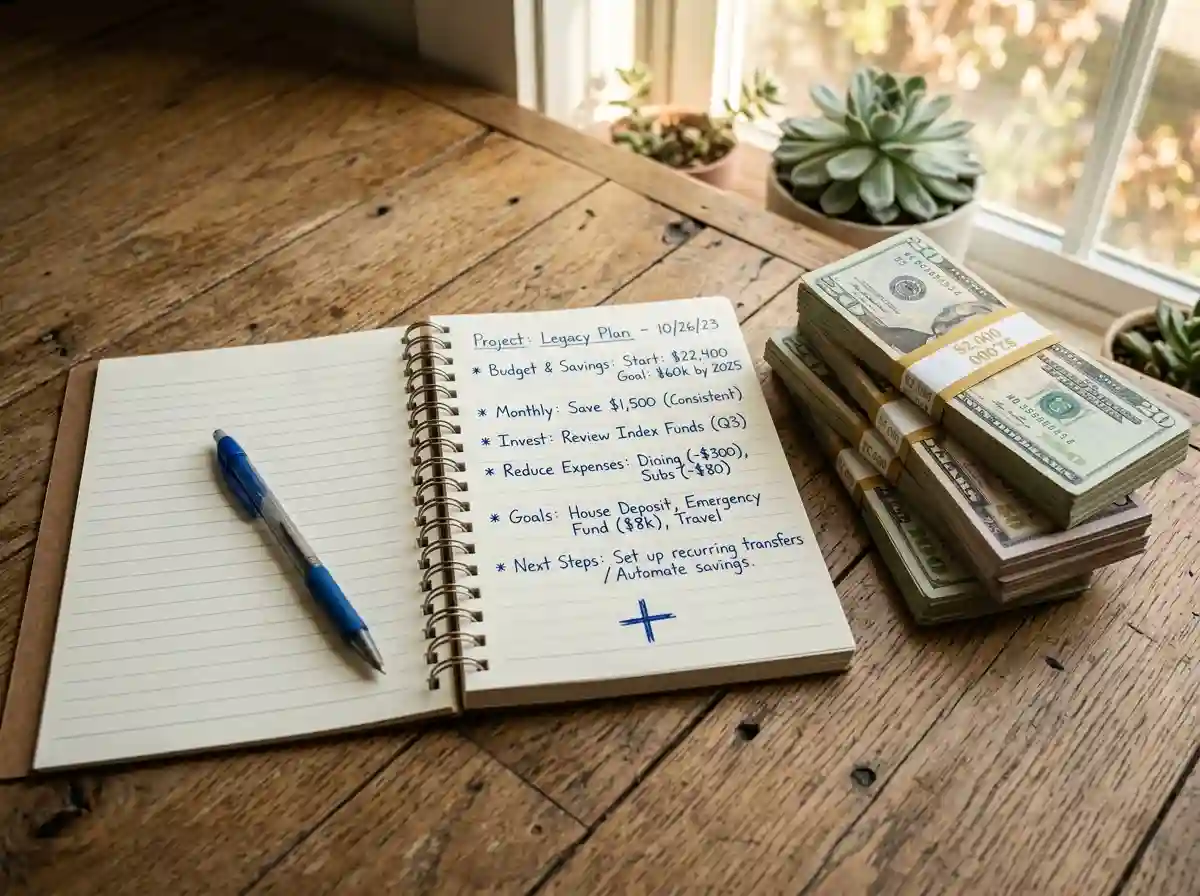 A notebook with a hand-drawn cross and stacks of bills