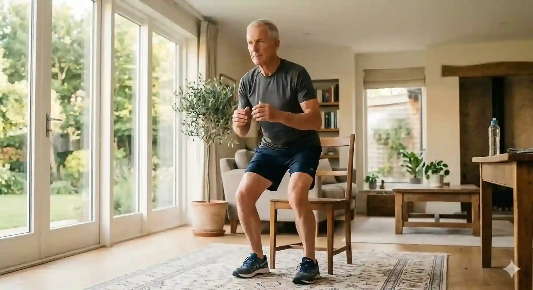 Senior man practicing functional movement at home
