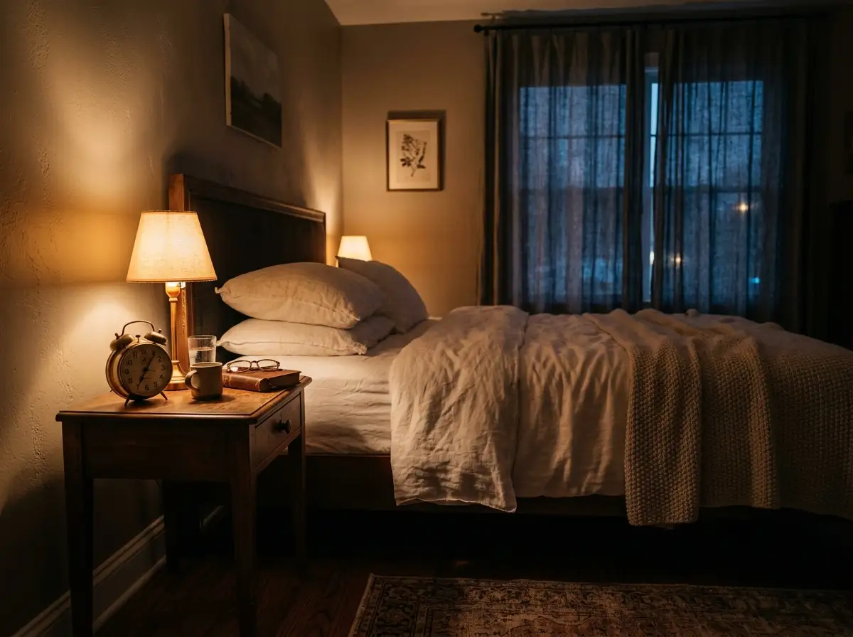 A peaceful, cozy bedroom setting with soft warm lighting