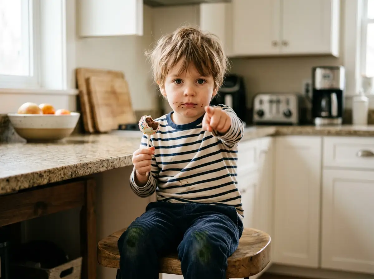 A young boy with grass-stained knees looking seriously at his mother in a kitchen