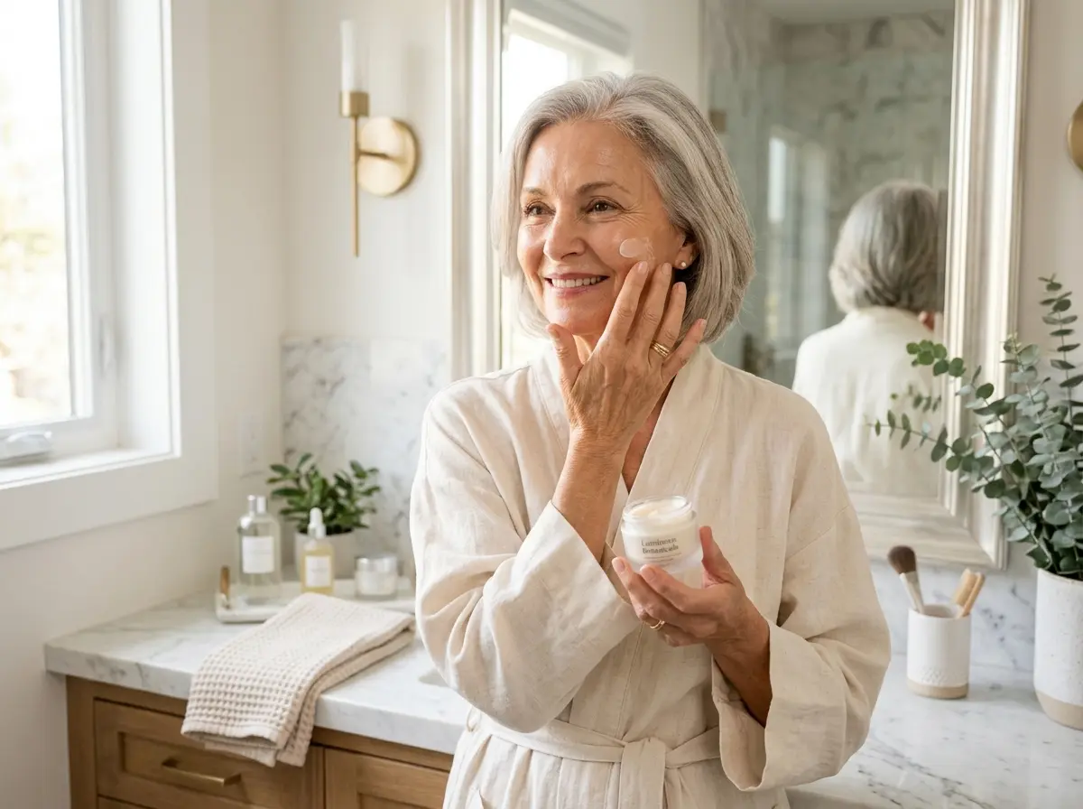 A beautiful older woman gently applying moisturizer to her face with a soft smile.