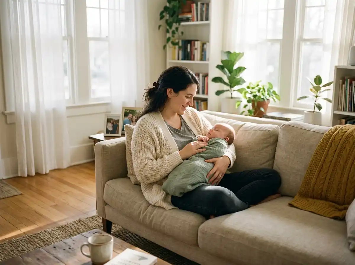 Young mother smiling on a couch holding her sleeping baby