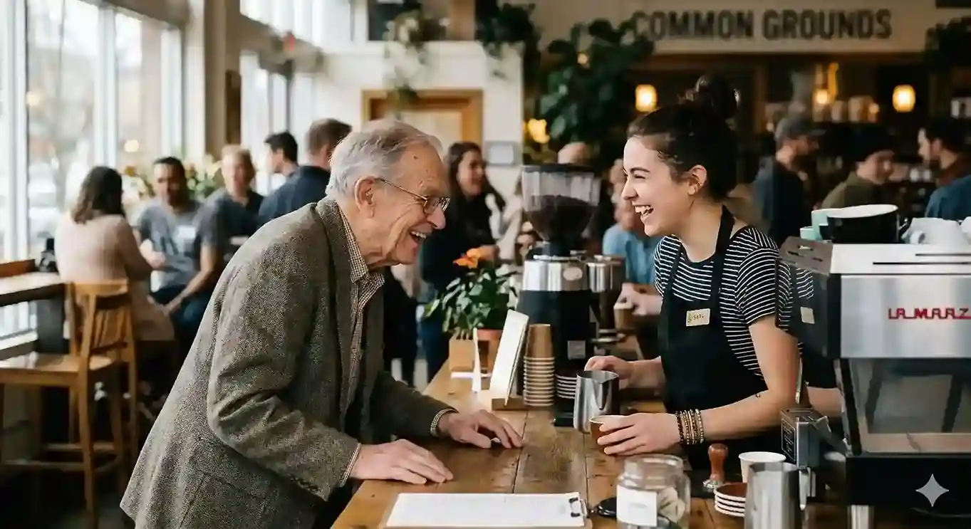 Elderly man laughing with a young clerk at a cafe