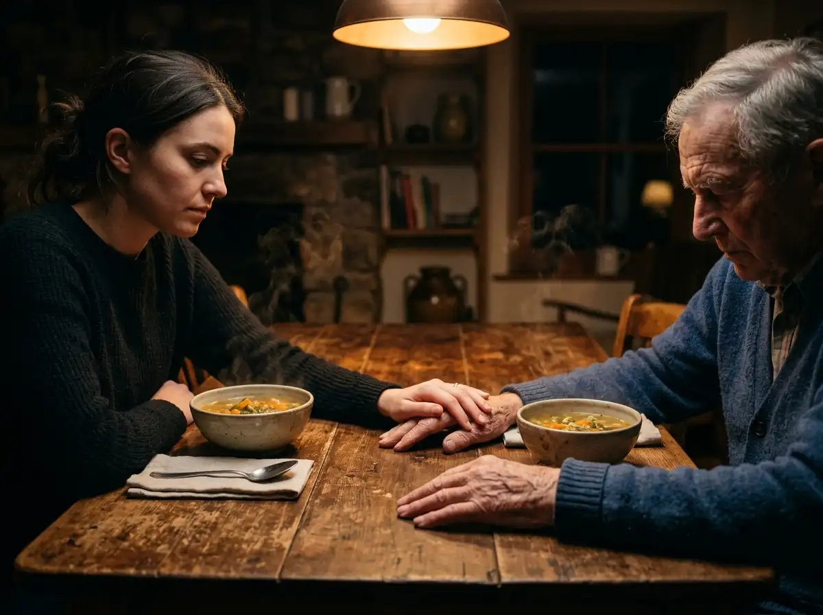 Two hands resting near bowls of warm soup on a wooden table