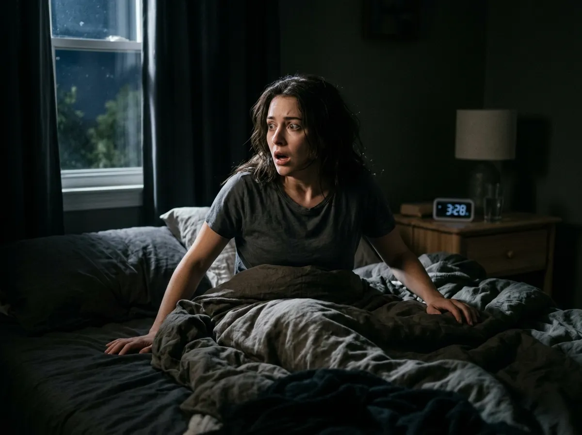 A person in bed suddenly jerking awake in the middle of the night, looking startled.