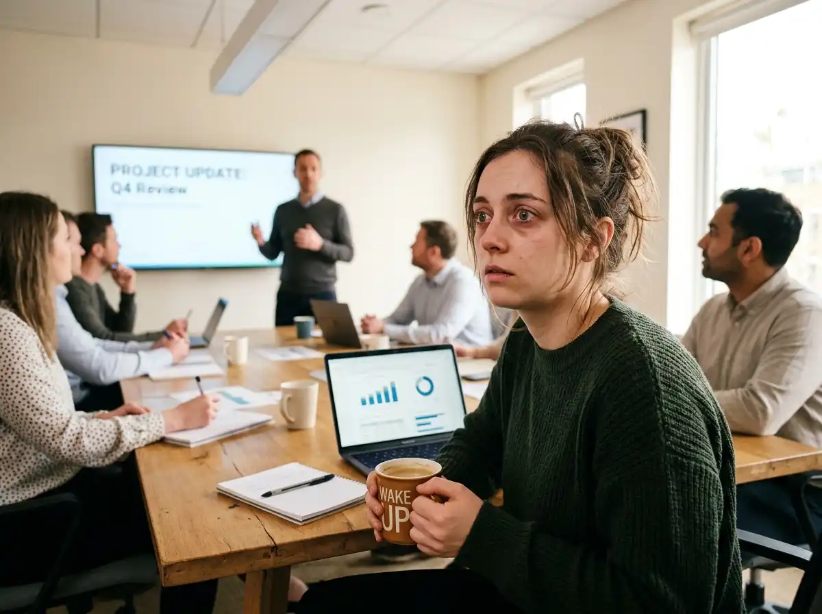A person in an office trying to stay awake while holding a cup of coffee.