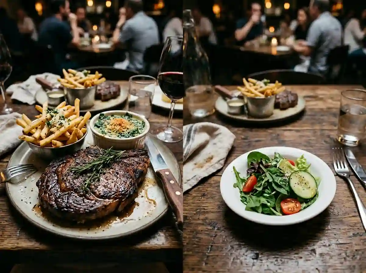 A large steak dinner next to a small simple salad