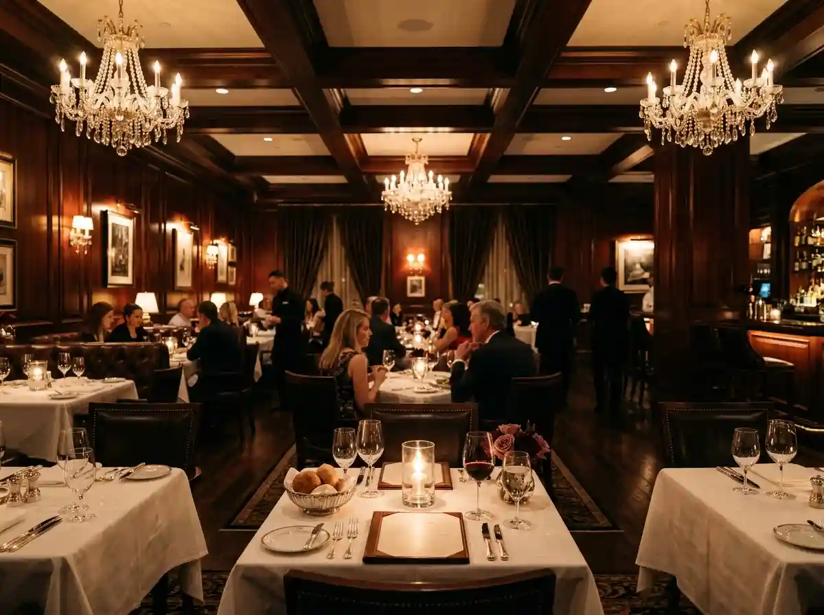 A luxurious high-end steakhouse interior with soft lighting