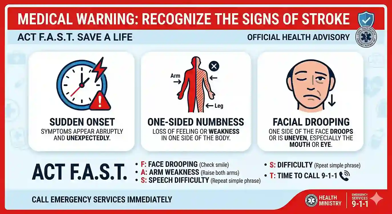 Infographic showing stroke warning signs like facial drooping and one-sided numbness
