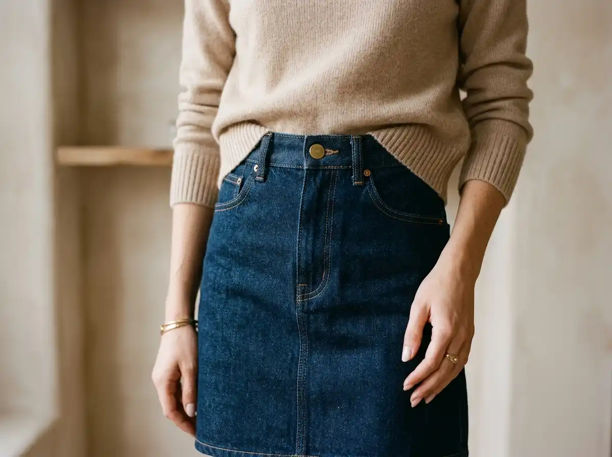 Close up of a structured denim miniskirt paired with a cozy cashmere sweater.