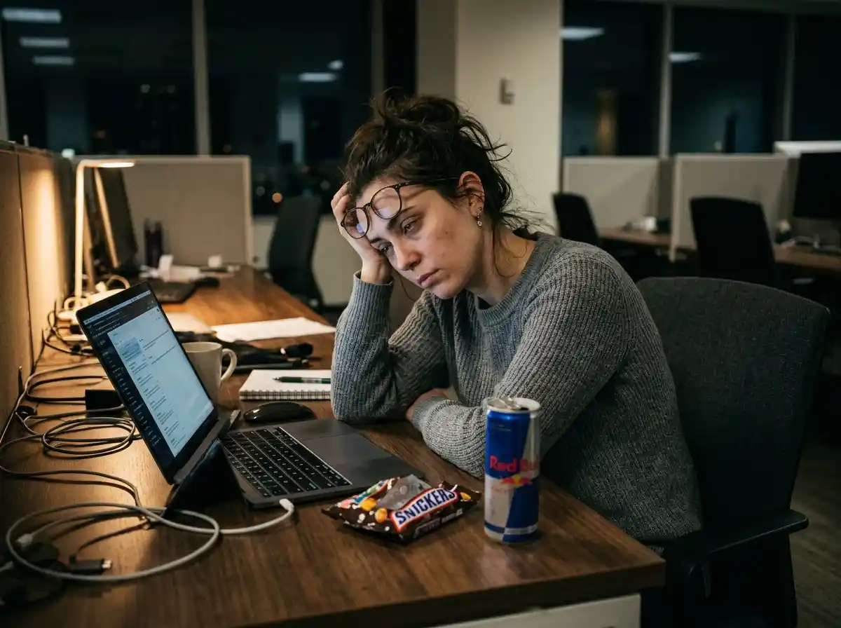 An exhausted person at a desk after a sugar crash