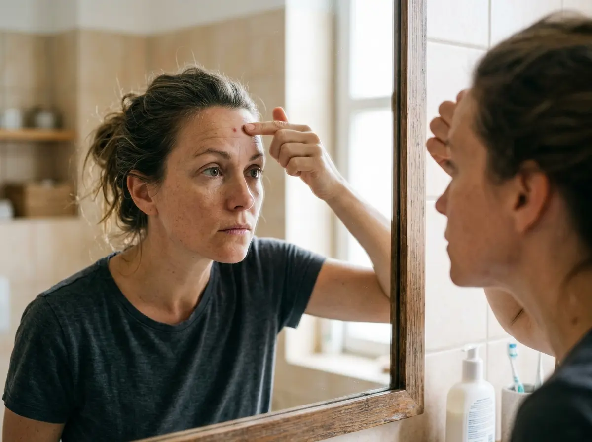 A person checking their skin in a mirror for blemishes
