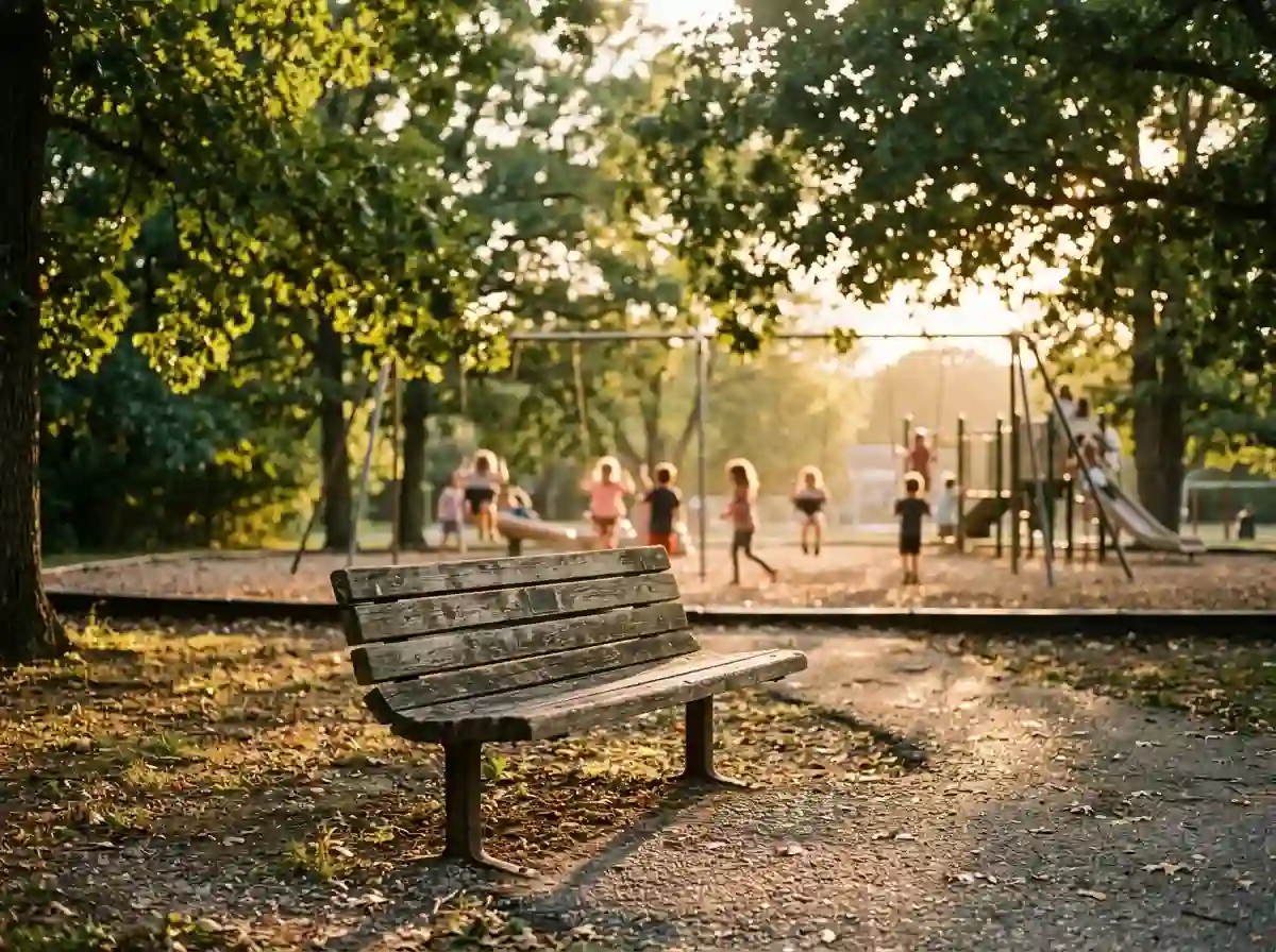 A peaceful, sunlit park bench facing a playground