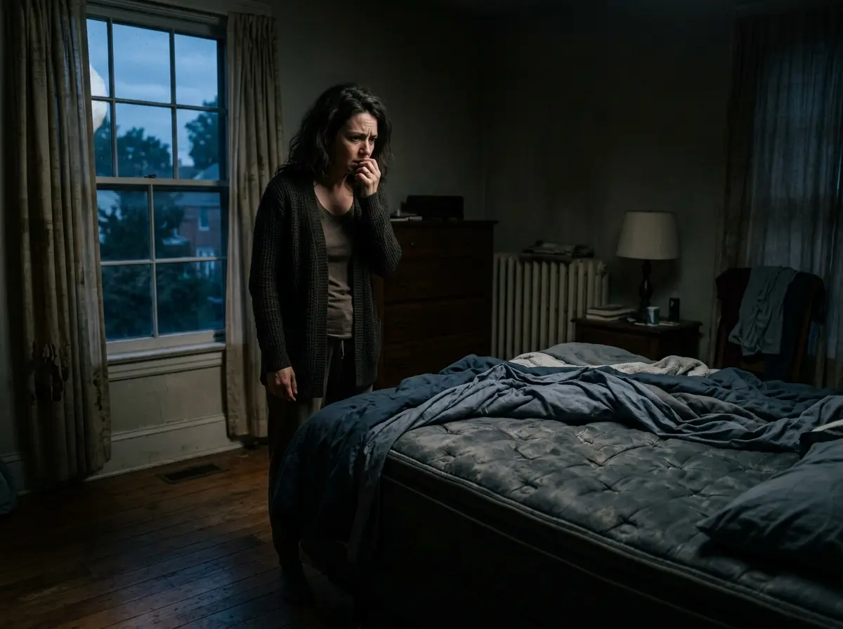 A woman looking suspiciously at a bed in a moody room