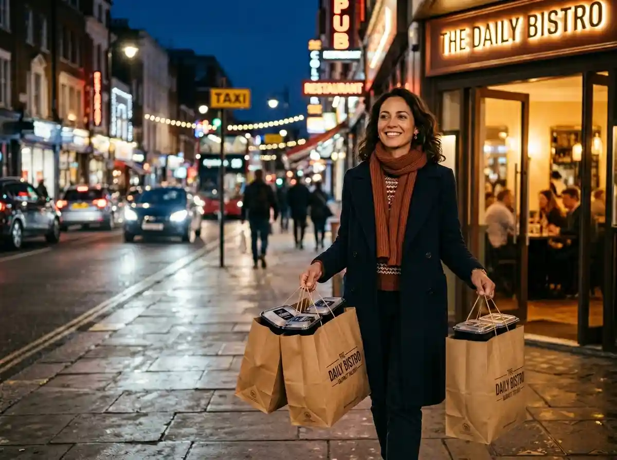 A person walking away with takeout bags at night