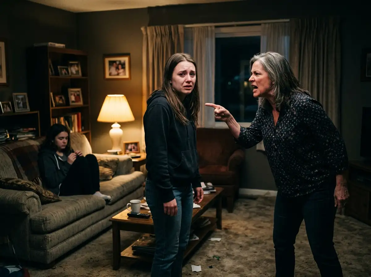A tense, emotionally charged confrontation between a mother and daughter in a living room.