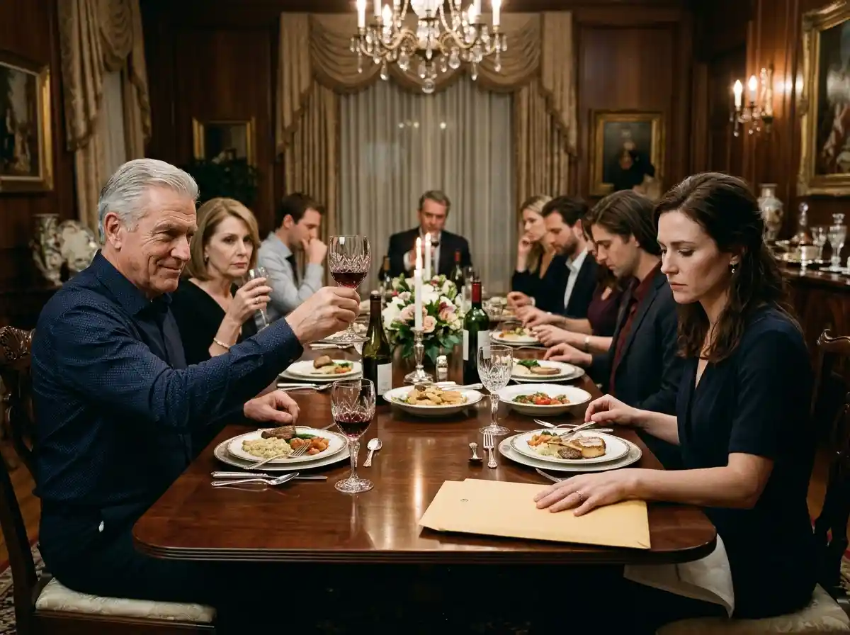 A tense family dinner table where a woman places a manila envelope next to a smirking man