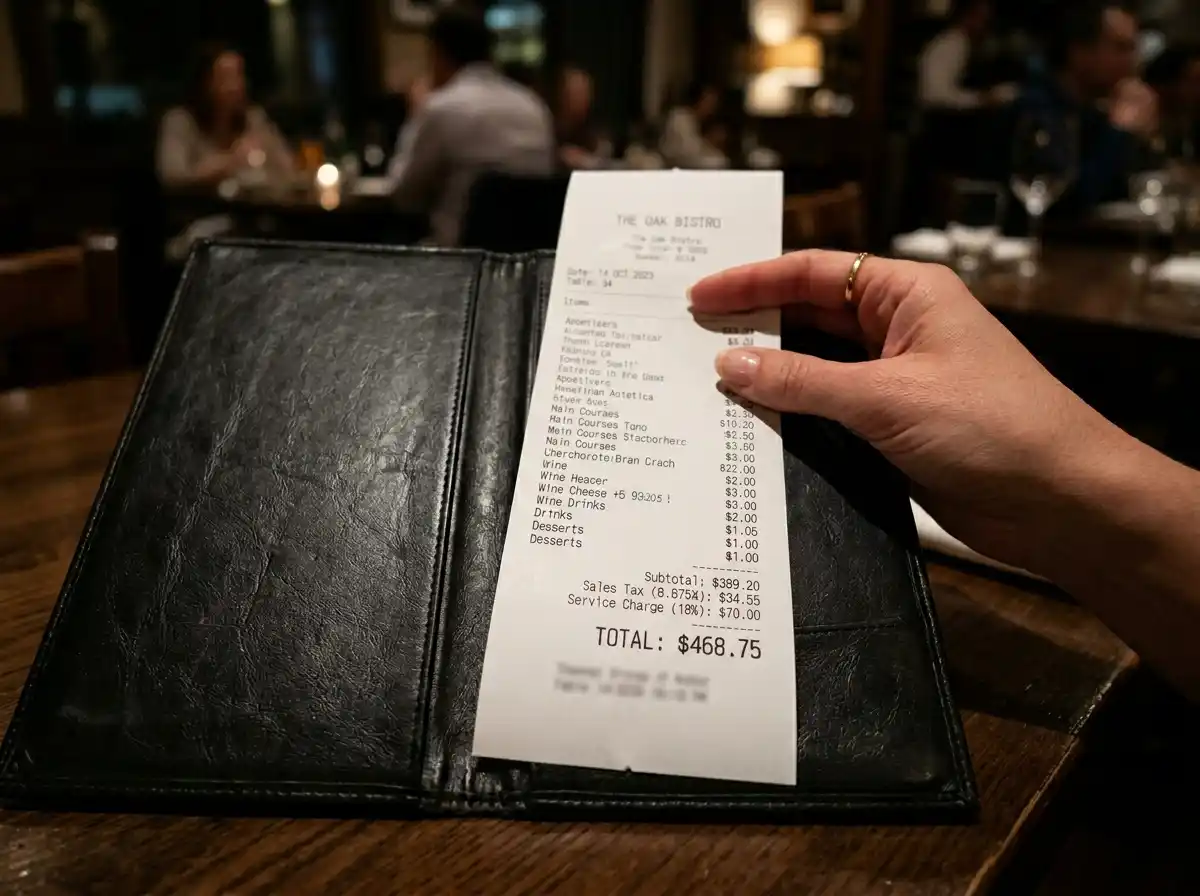 A close up of a hand holding a high restaurant bill