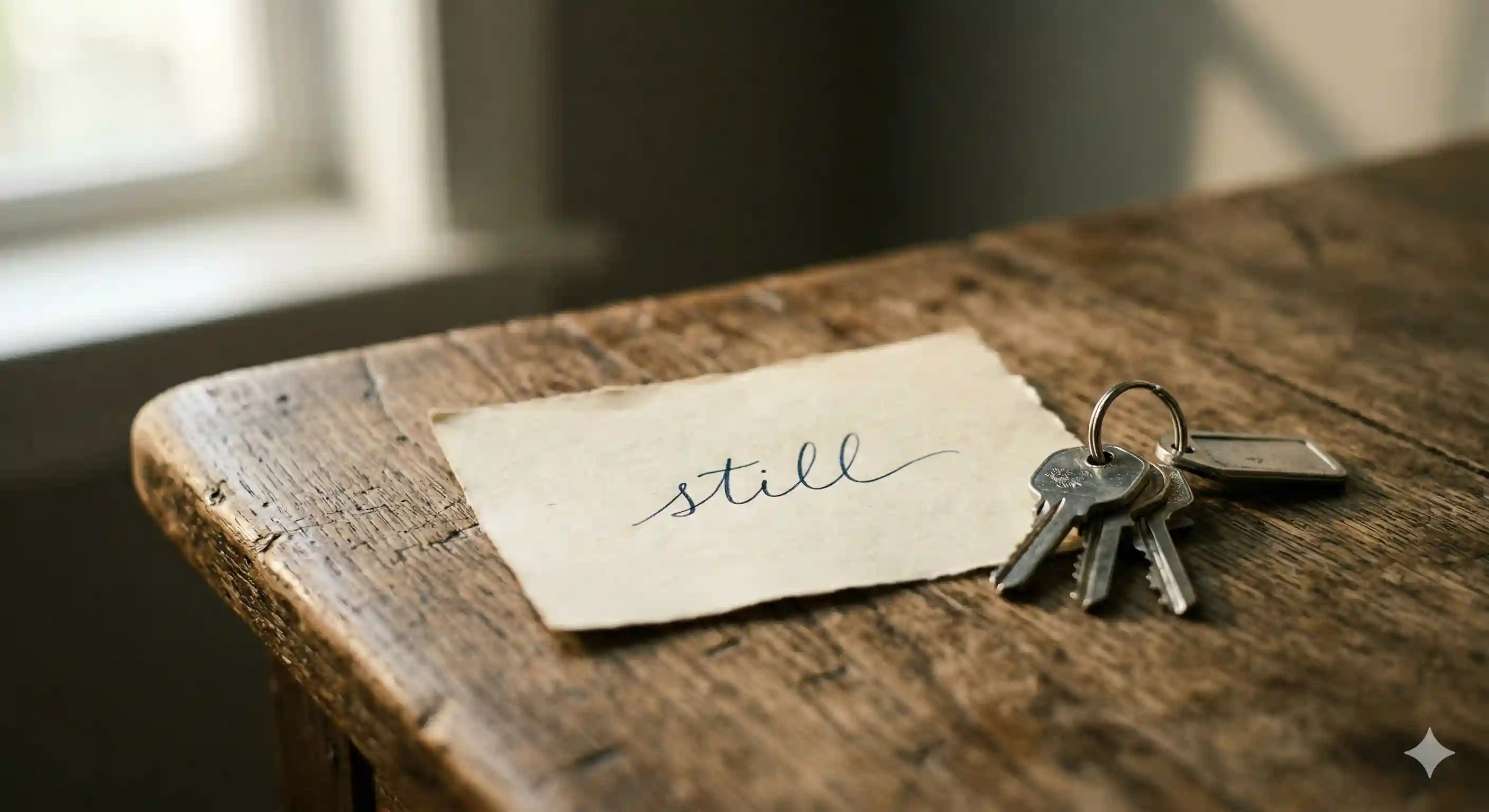 A small note with the word still written on it next to keys