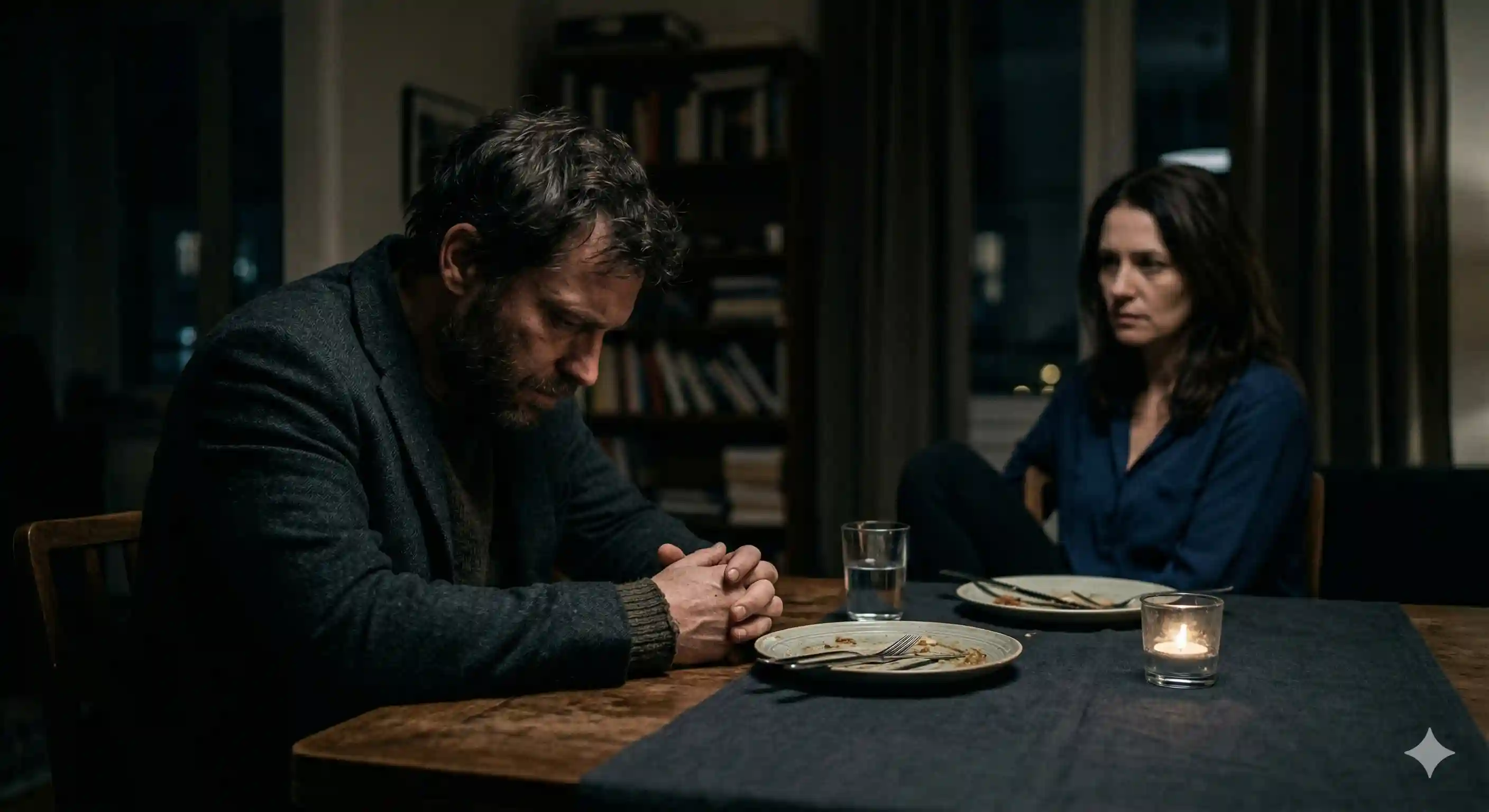 A man looking down in a dimly lit room representing the burden of a secret