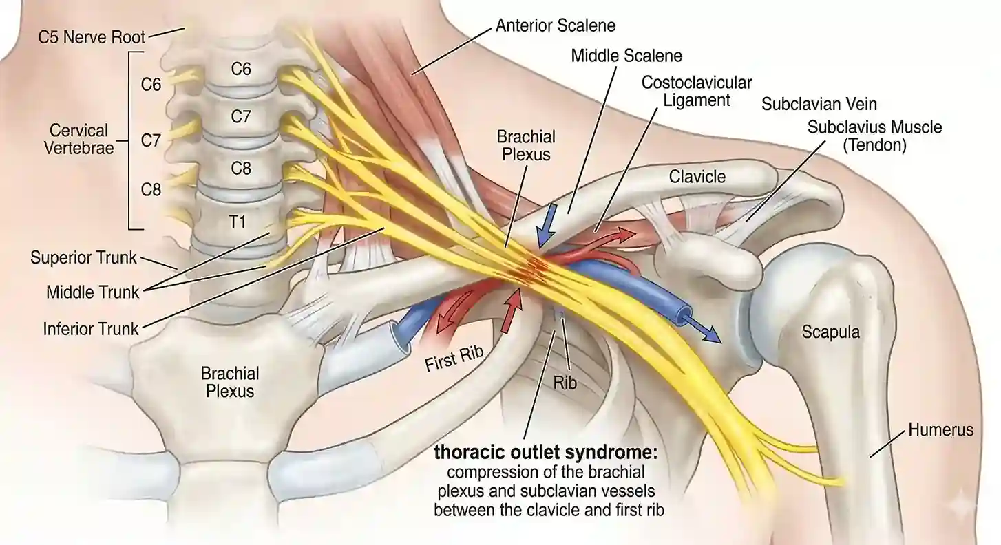 Medical diagram showing nerve compression at the shoulder and collarbone