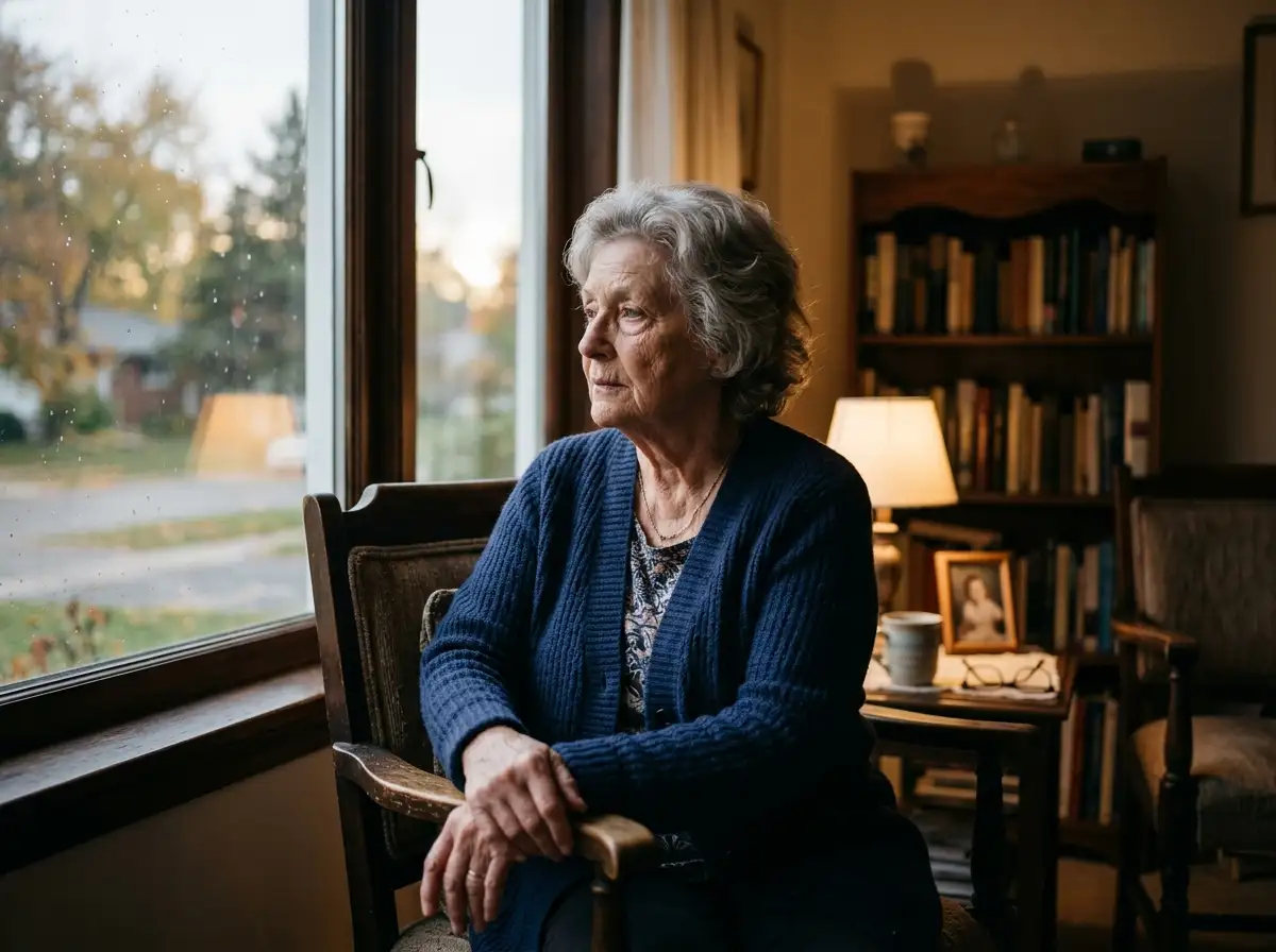 An older woman looking thoughtfully out a window