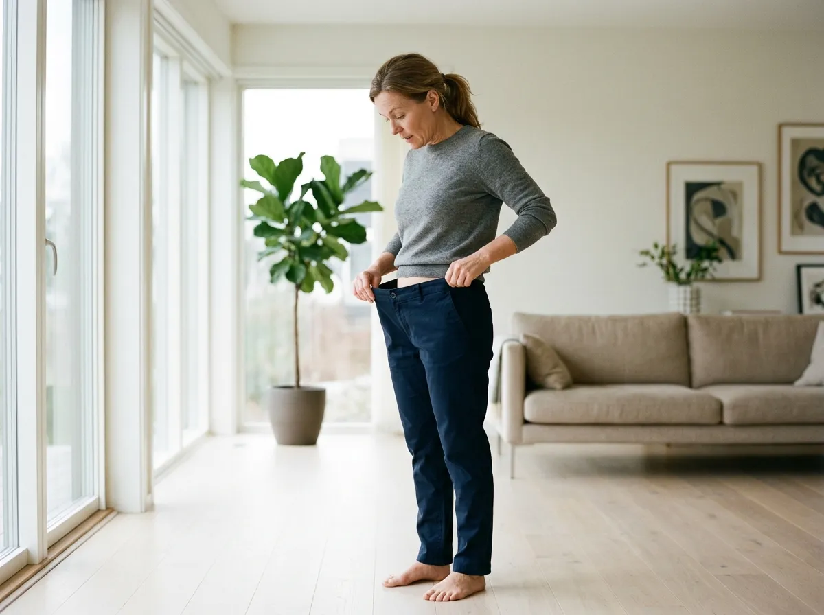 Person holding oversized pants showing weight loss