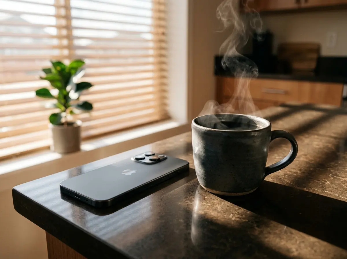 A sleek smartphone resting face-down on a kitchen counter next to a mug of black coffee.