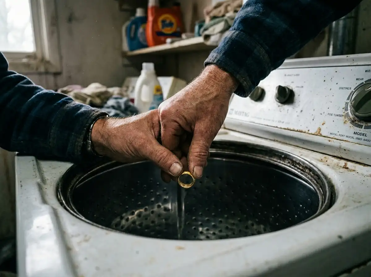 Man finding a gold ring inside a washing machine