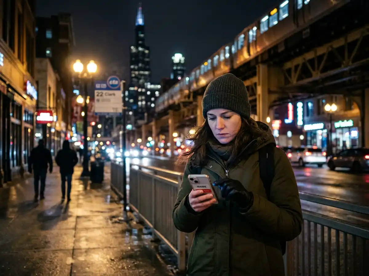 A woman standing on a cold city sidewalk at night looking at her phone