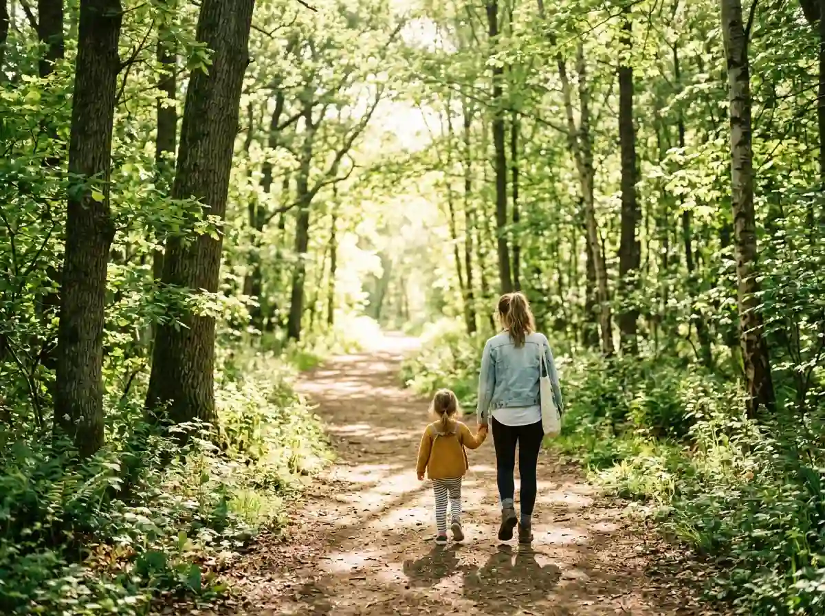 A woman and child walking away toward a bright light