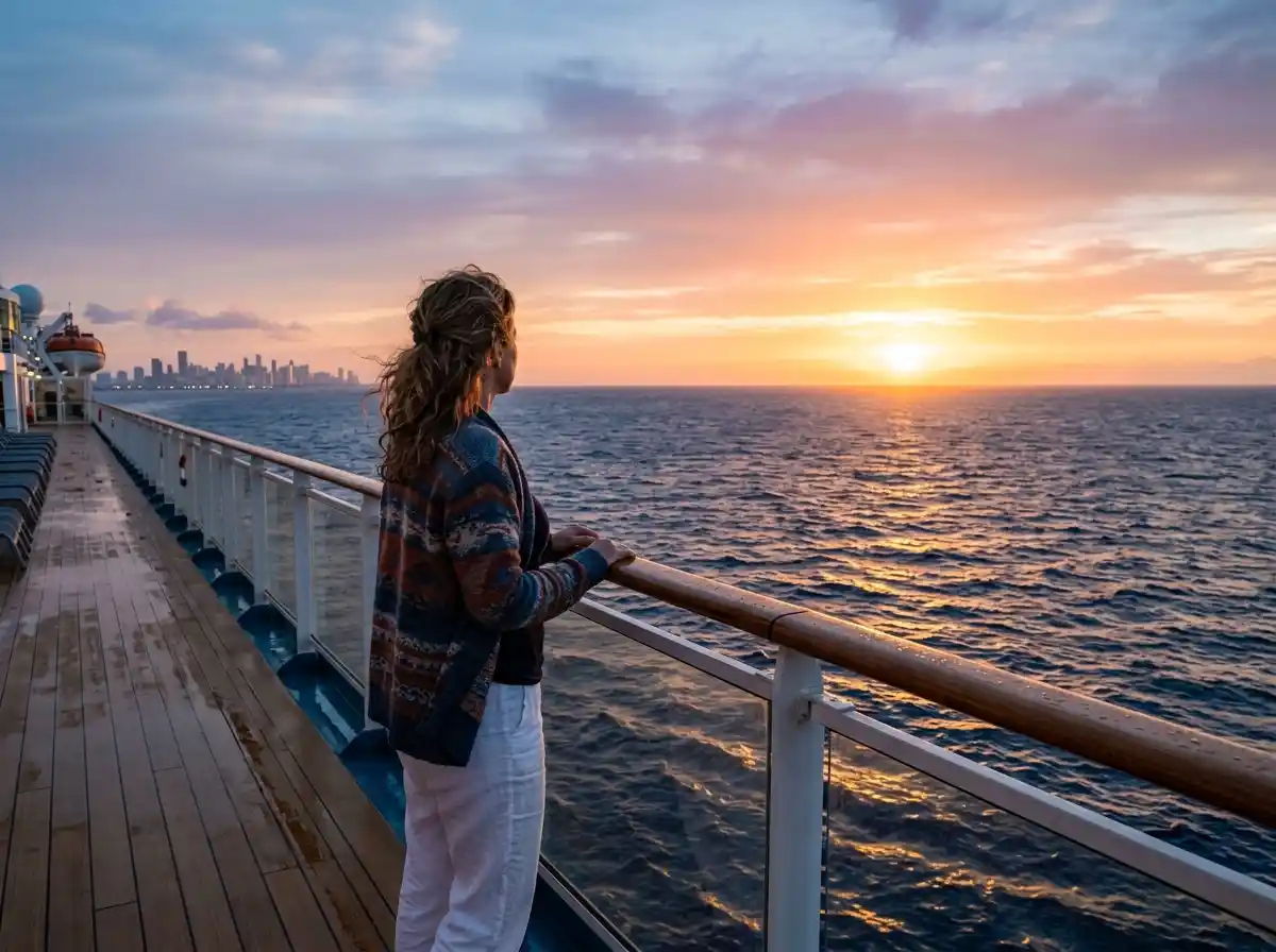 A woman standing at the railing of a cruise ship looking out at the open ocean
