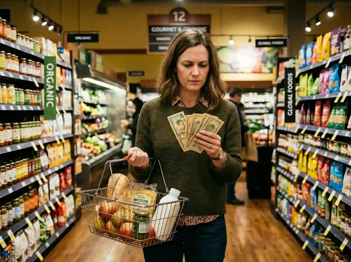 A woman in a grocery store looking thoughtfully at a small amount of cash in her hand