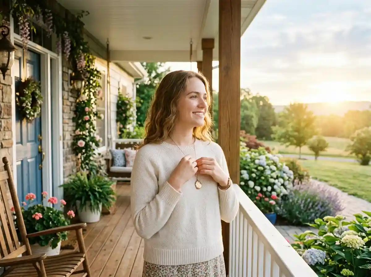 A young woman standing on a sunlit porch holding a necklace over her heart