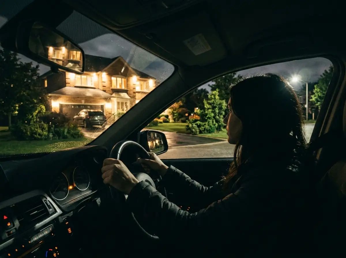 A woman sitting alone in her car at night looking back at a house