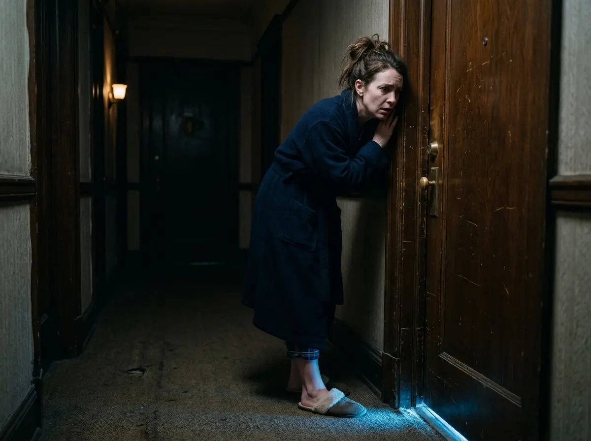 A woman in a dark hallway pressing her ear against a glowing door