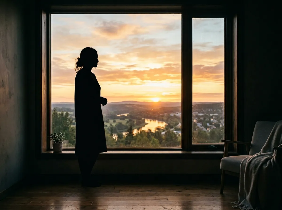 Silhouette of a woman looking at a sunrise from a window