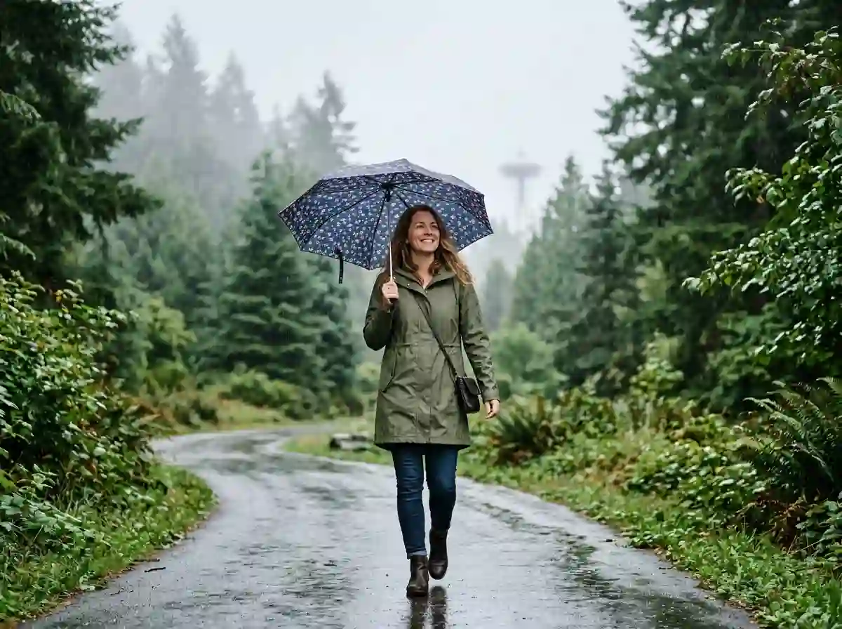 A woman in a raincoat walking happily in the rain in Seattle