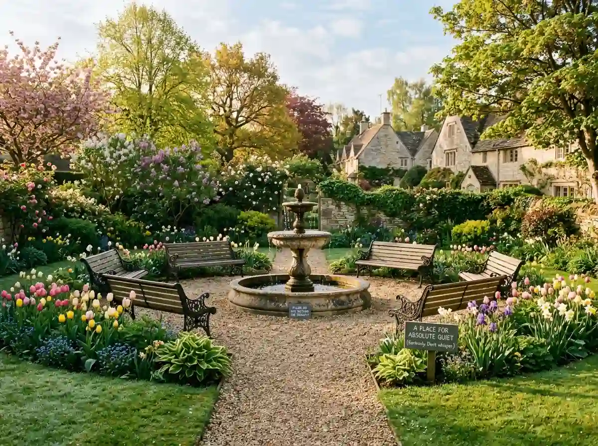A peaceful community garden with a stone fountain and decorative wooden benches