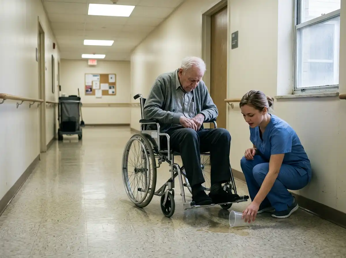 A young woman comforting a frail elderly man in a wheelchair inside a nursing home