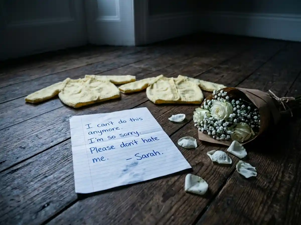 A handwritten goodbye note lying on a bare wooden floor next to dropped white flowers and yellow baby sweaters.