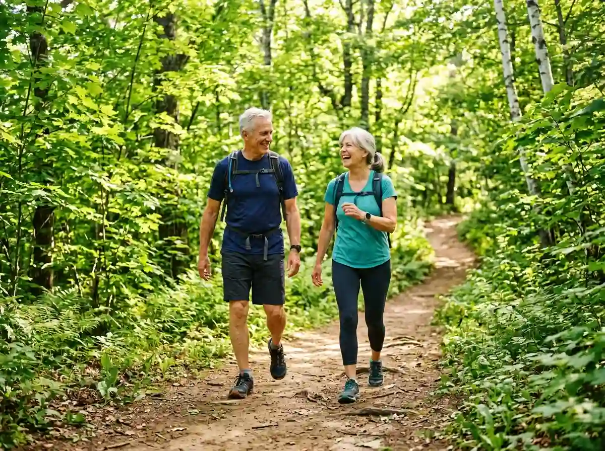 An active older couple walking briskly along a beautiful nature trail.