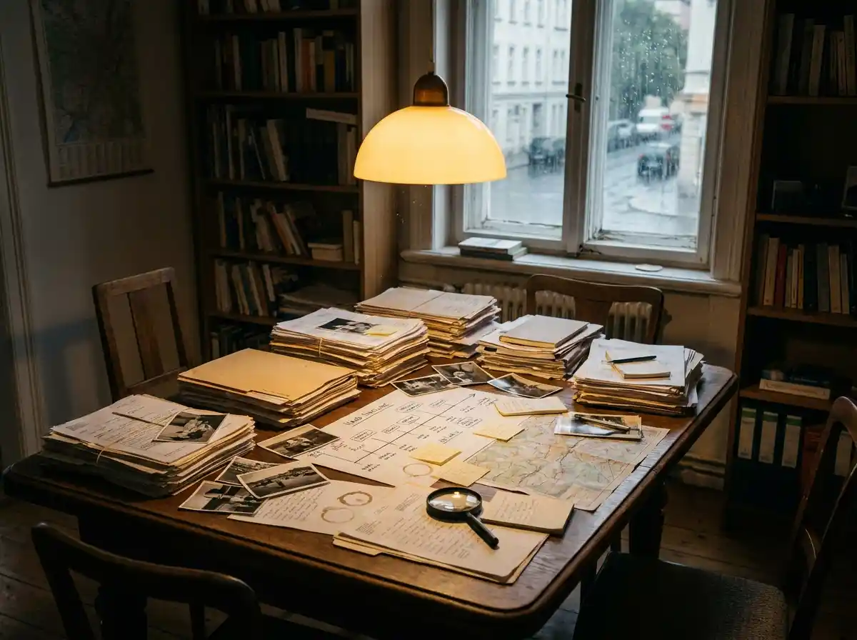A dining table covered in old adoption records and files