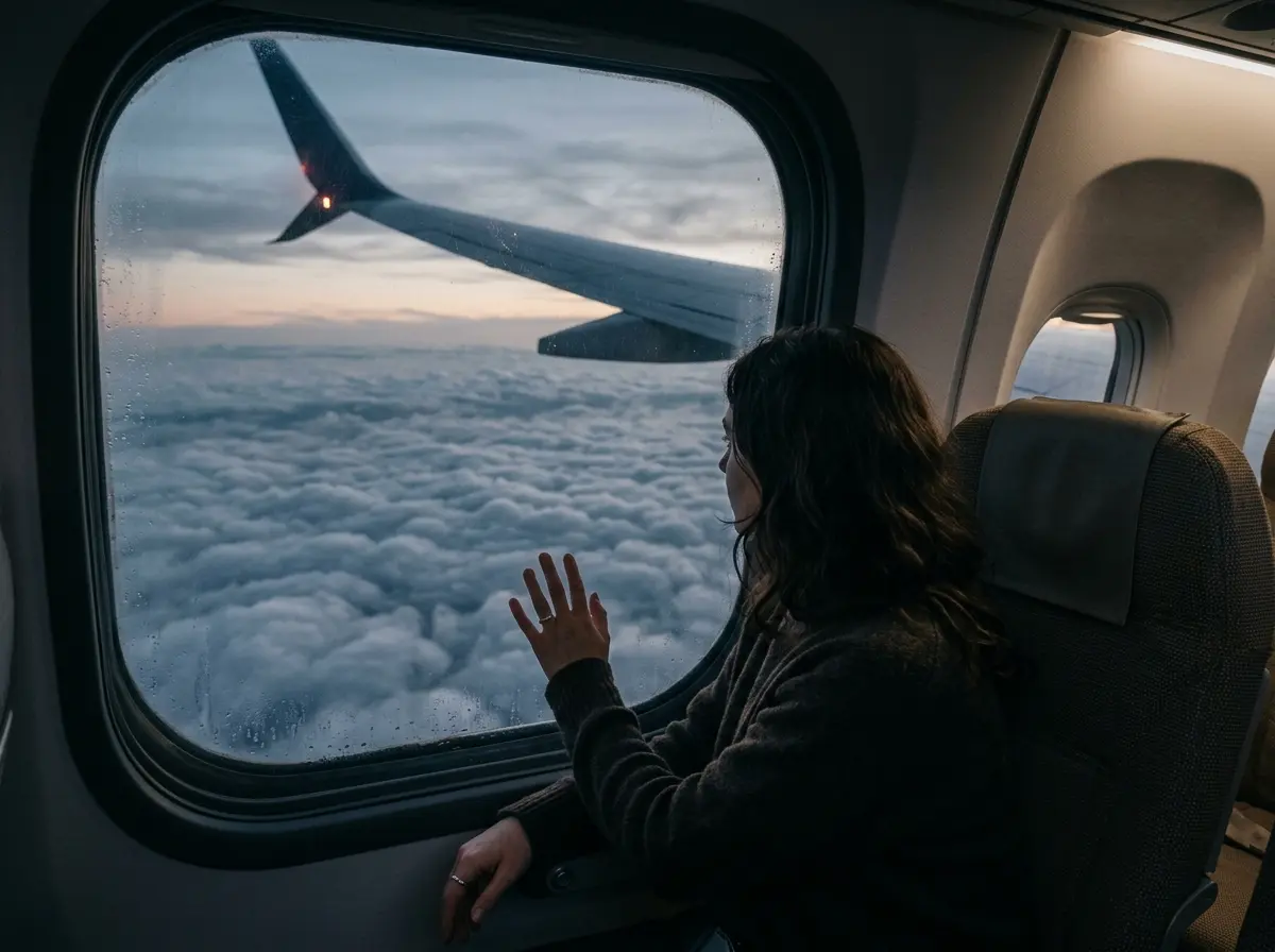 A melancholic view from an airplane window looking at the clouds