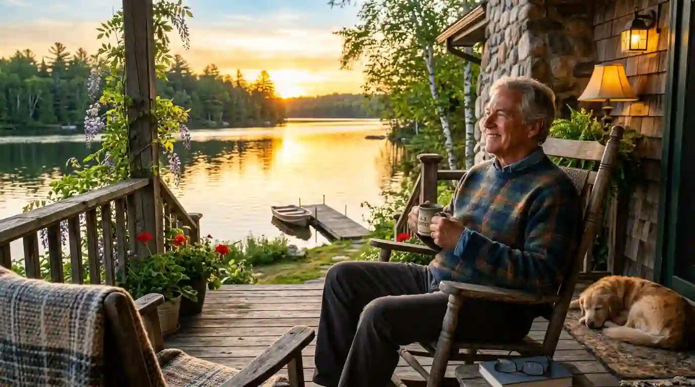 Albert drinking coffee peacefully on the porch of his beautiful lakeside cottage